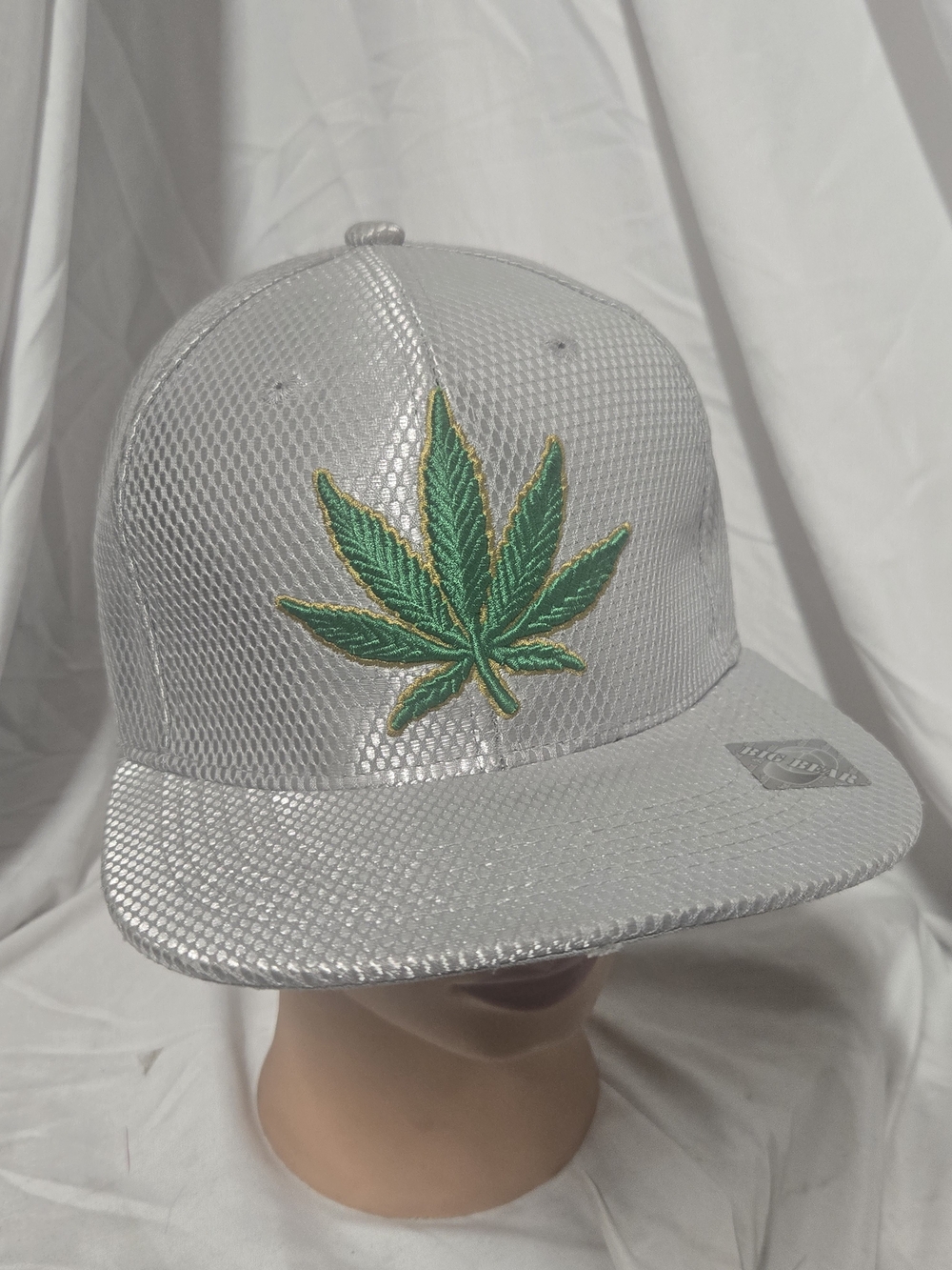 Silver Snapback Hat with Green Leaf Embroidery